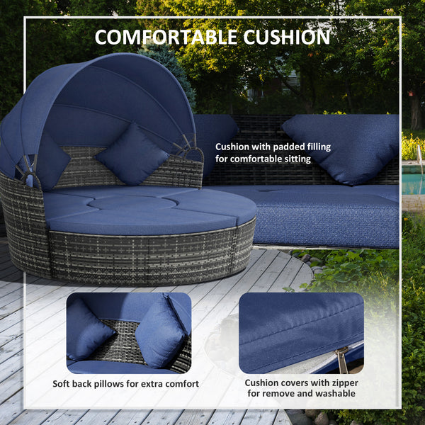 4-Piece Outdoor Chaise Lounge with Retractable Canopy, Dark Blue
