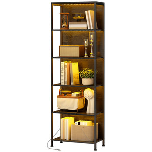 5-tier bookcase with LED lighting and black metal frame.