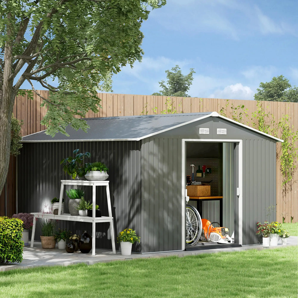 9' x 10.6' Garden Shed with Foundation Kit for Storage with Double Doors, Light Gray