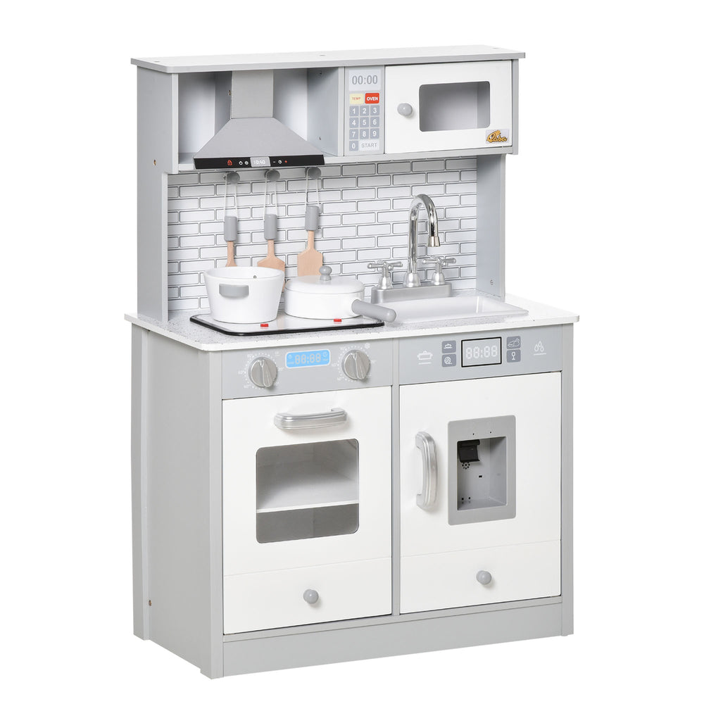 Kitchenette with sound and light effects, battery-operated cooktop, ice maker, gray