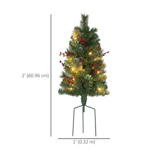 Set of 2 Pre-Lit Artificial Christmas Trees with Red Berries and Pine Cones