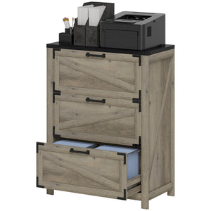 Country Style 3 Drawer Filing Cabinet with Adjustable Hanging Bars for Letter, A4, Legal Size, Grey