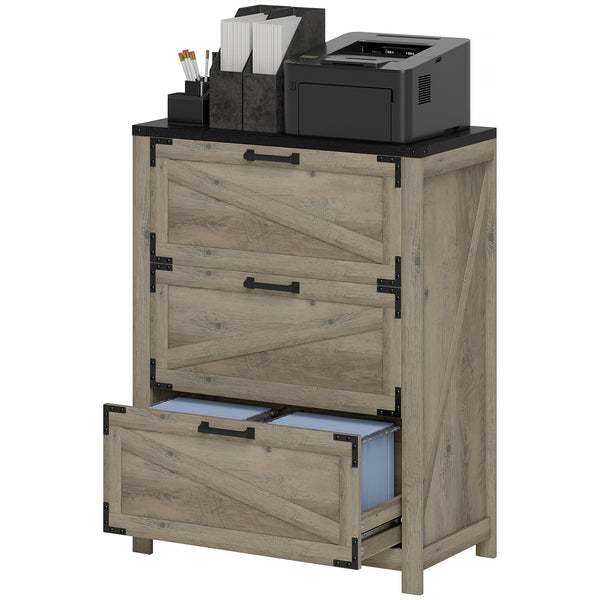 Country Style 3 Drawer Filing Cabinet with Adjustable Hanging Bars for Letter, A4, Legal Size, Grey