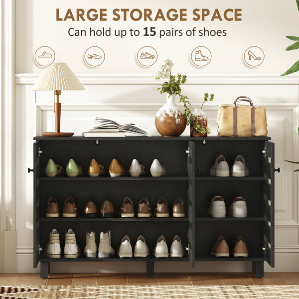 Black shoe cabinet with 2 cupboards and adjustable shelves for 15 pairs, black