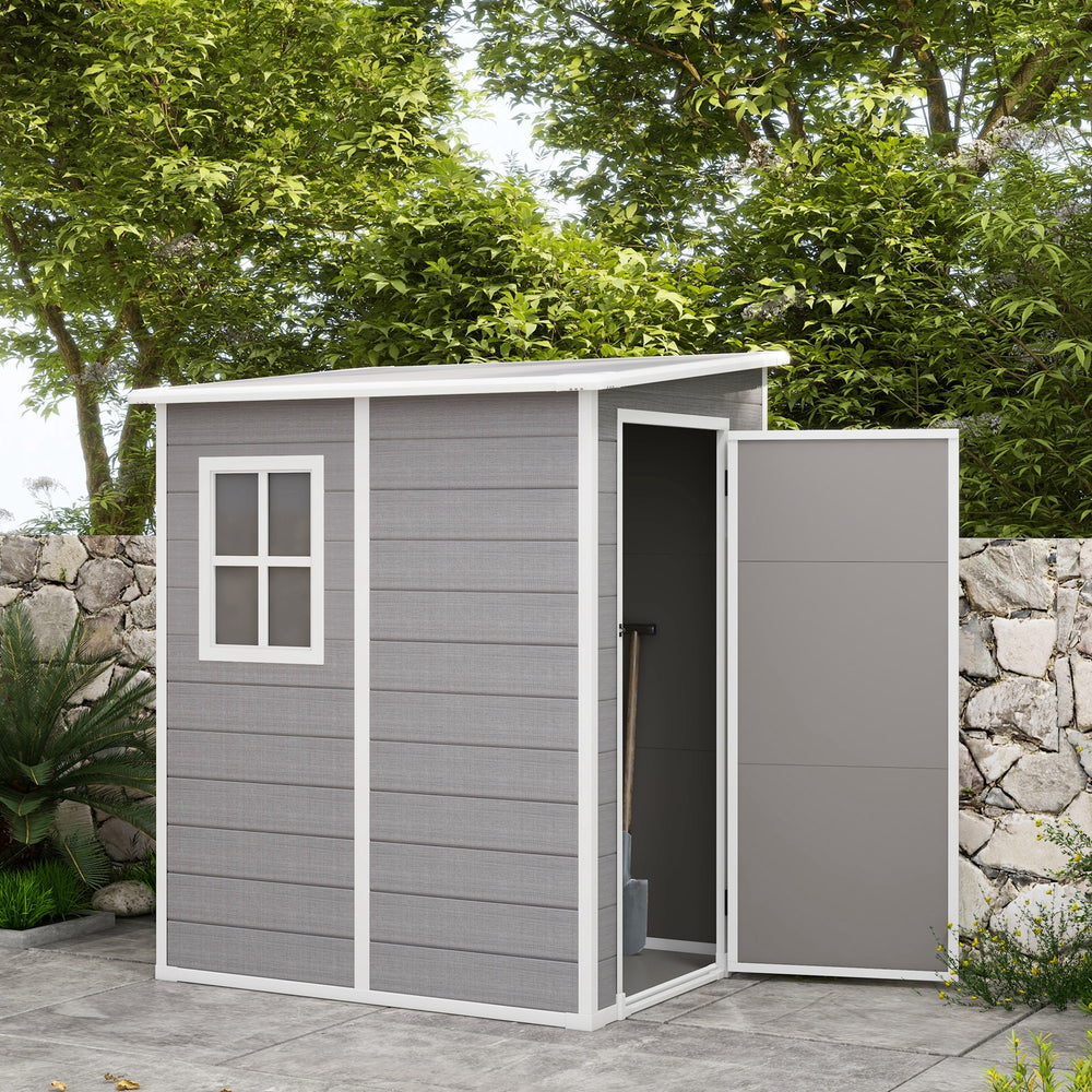 Lean-to garden shed with window, ventilation and plastic roof, grey