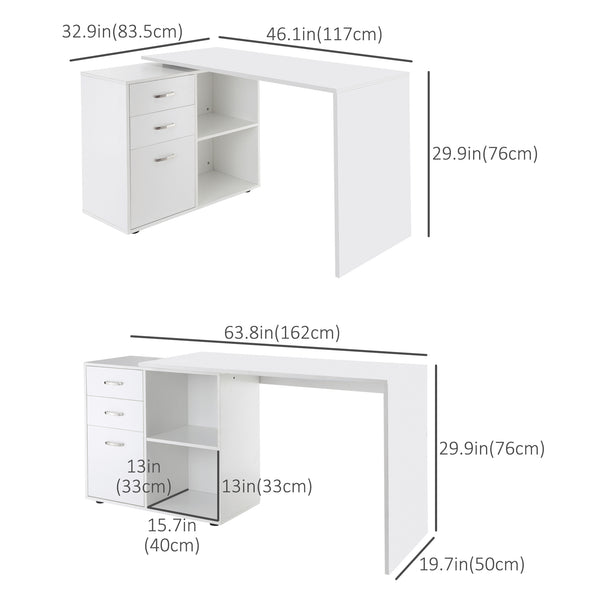L-shaped corner desk with storage shelf, drawer, white