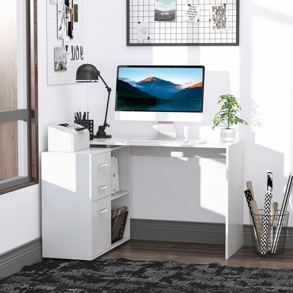 L-shaped corner desk with storage shelf, drawer, white