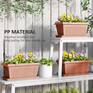 Set of 7 plastic flower pots with drainage holes and saucers, brown