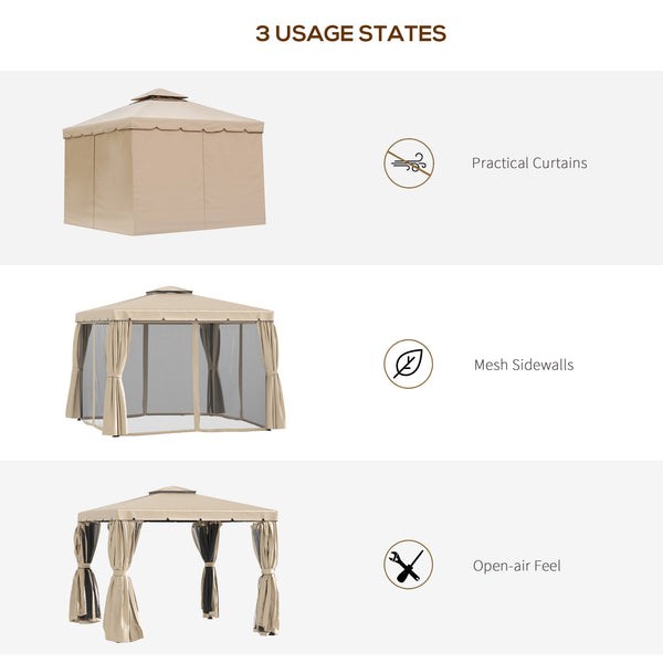 10 x 10 gazebo with pretty curtains and mesh blinds, beige