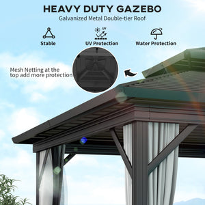 10x10 Gazebo with Double-Tier Metal Roof, Mosquito Netting, and Hanging Hook, Light Gray