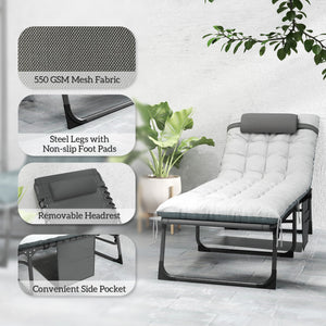 Outdoor Lounge Chair Set of 2, Folding Chaise Lounge Tanning Chair with Cushion, Side Pocket, Grey