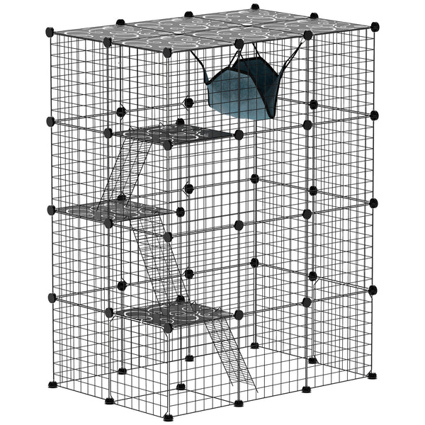 4-level cat cage with hammock, platforms, ramps and accessories, black