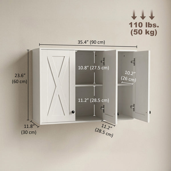35-in bathroom wall cabinet with 3 doors and adjustable shelves, white