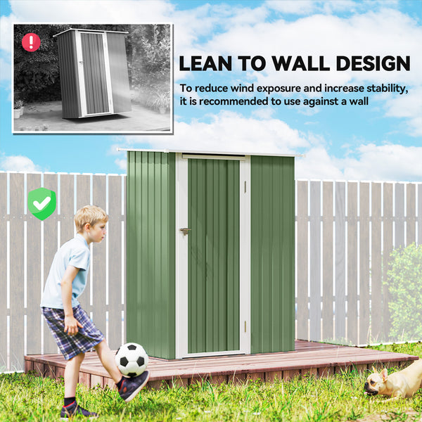 Metal garden shed with sloping roof and lockable door for tools, light green