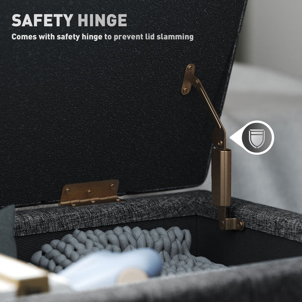 Linen fabric storage pouf with button tufting, gray