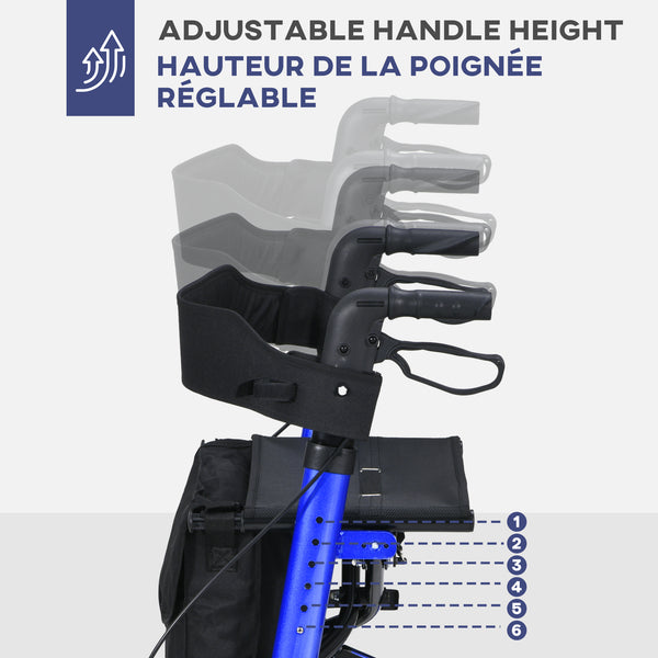 Senior walker with seat and backrest in blue