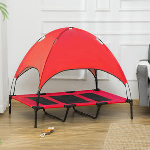 Raised dog bed with tent, red