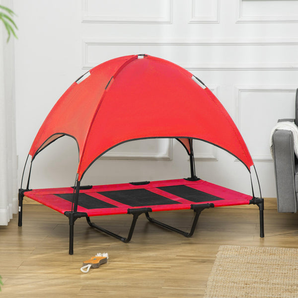 Raised dog bed with tent, red
