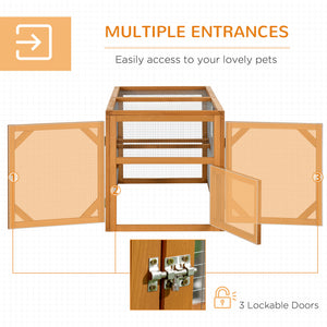 Outdoor wooden chicken coop extension with perches
