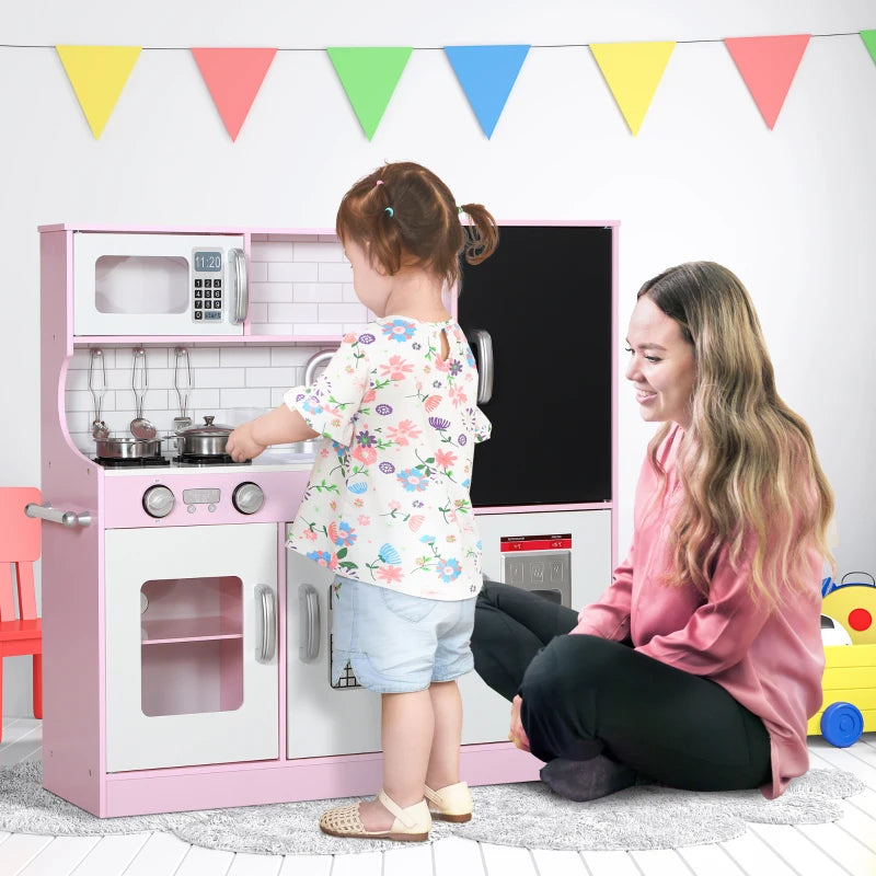 Kids' kitchen with chalkboard, ice maker, telephone, sink and microwave, pink