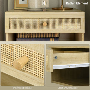Set of 2 floating wall-mounted bedside tables with rattan drawer – Natural wood