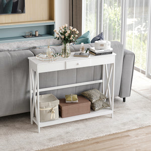 2-Tier Narrow Console Table with Storage Shelf, White