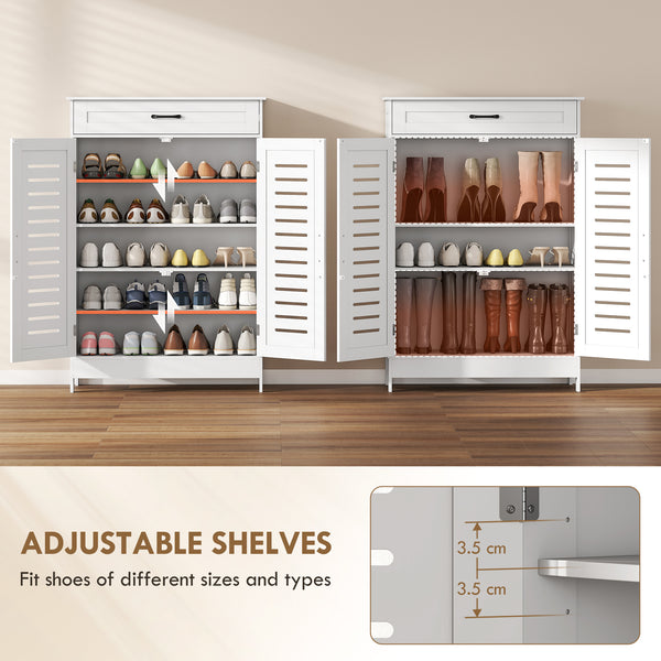 Shoe cabinet with louvered doors, drawer and adjustable shelves, white