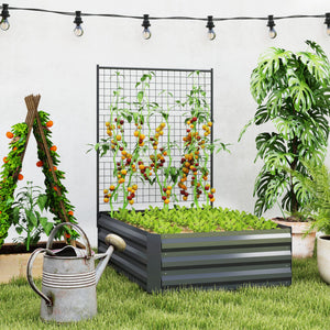 Galvanized Raised Garden Bed with Trellis for Climbing Plants, Outdoor Planter Box with Open Bottom, Dark Gray