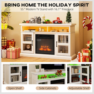 TV stand with integrated fireplace, compatible with TVs up to 55 inches, white
