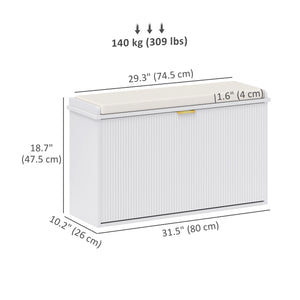 Hallway bench with upholstered seat and drop-down drawers, white