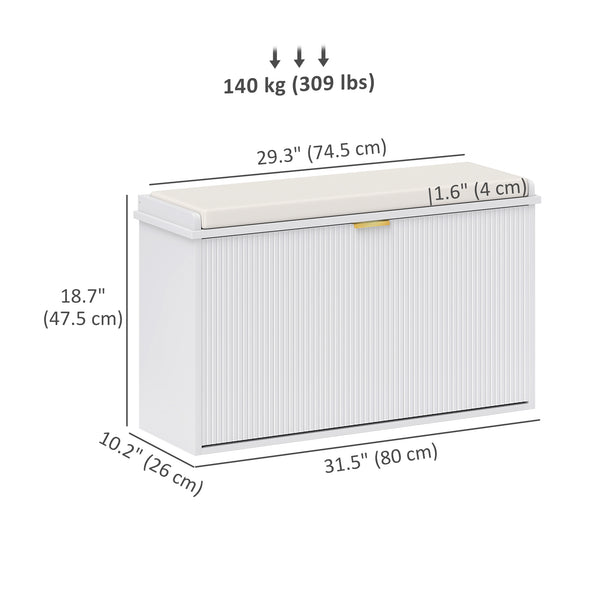 Hallway bench with upholstered seat and drop-down drawers, white