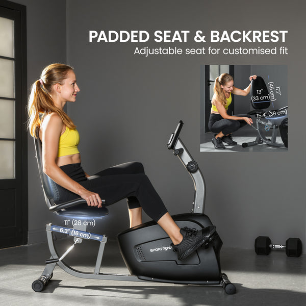 Recumbent exercise bike with 8 levels of magnetic resistance, LCD screen, heart rate sensor and adjustable seat