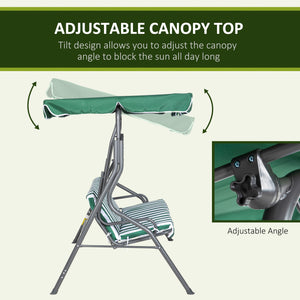 Outdoor swing chair with adjustable canopy, removable cushion and weather-resistant steel frame, green and white