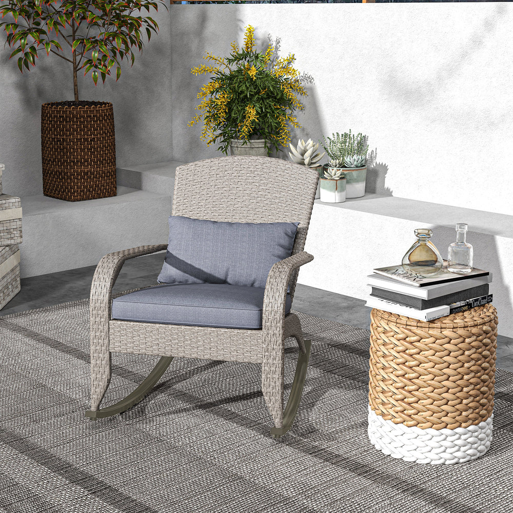 Outdoor Wicker Rocking Adirondack Chair with High Back and Seat Cushion, Gray
