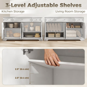Kitchen storage sideboard with soft-close doors, 3 drawers, and 2 adjustable shelves, white