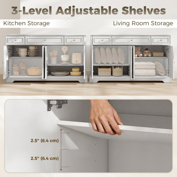 Kitchen storage sideboard with soft-close doors, 3 drawers, and 2 adjustable shelves, white