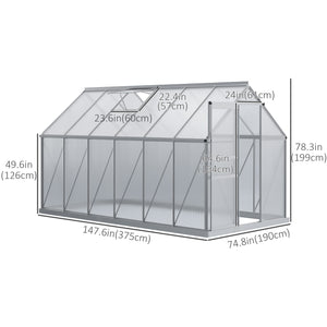 Polycarbonate greenhouse with adjustable roof ventilation and sliding door, transparent