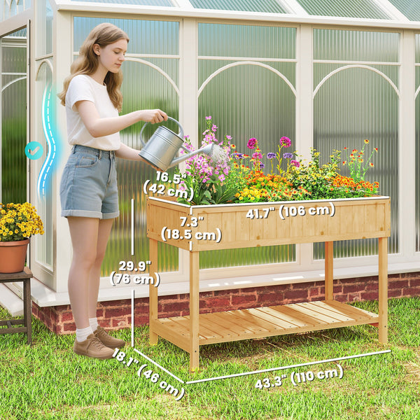 Raised planter with 8 compartments, storage shelf, natural wood color