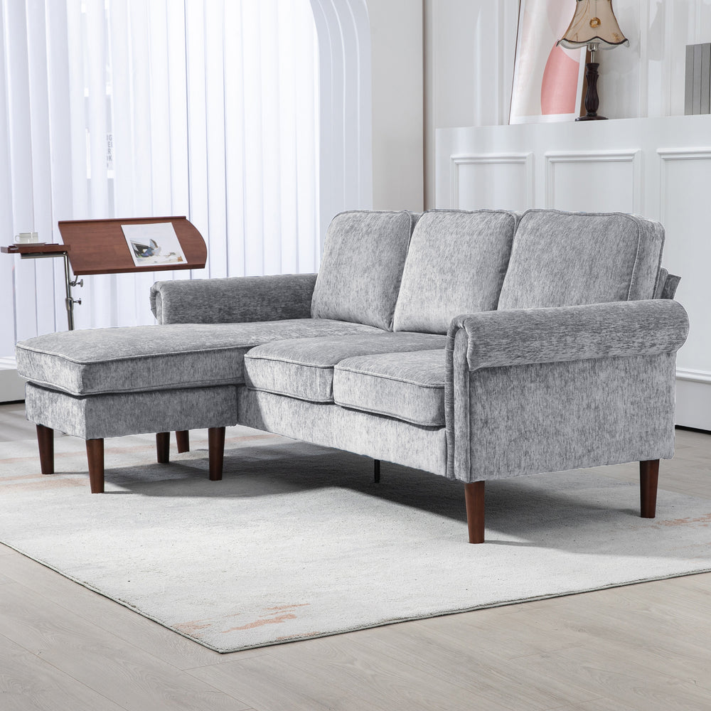 Modern corner sofa with removable chaise longue, wooden legs, gray