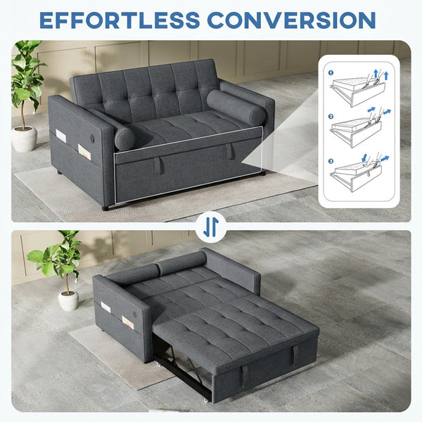 Dark grey two-seater linen trundle sofa bed with USB ports