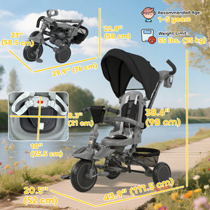 6-in-1 Tricycle with Push Handle, Removable Canopy, Swivel Seat, Black