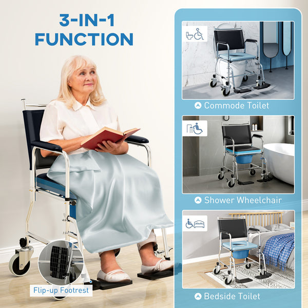 Black 4-in-1 commode and shower chair with wheels and padded seat