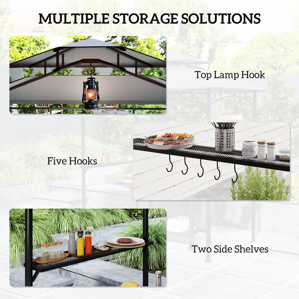 8' x 5' Grill Gazebo, Double Tiered Barbecue Grill Gazebo Shelter with Side Awning, 2 Side Shelves, 6 Hooks, Dark Grey