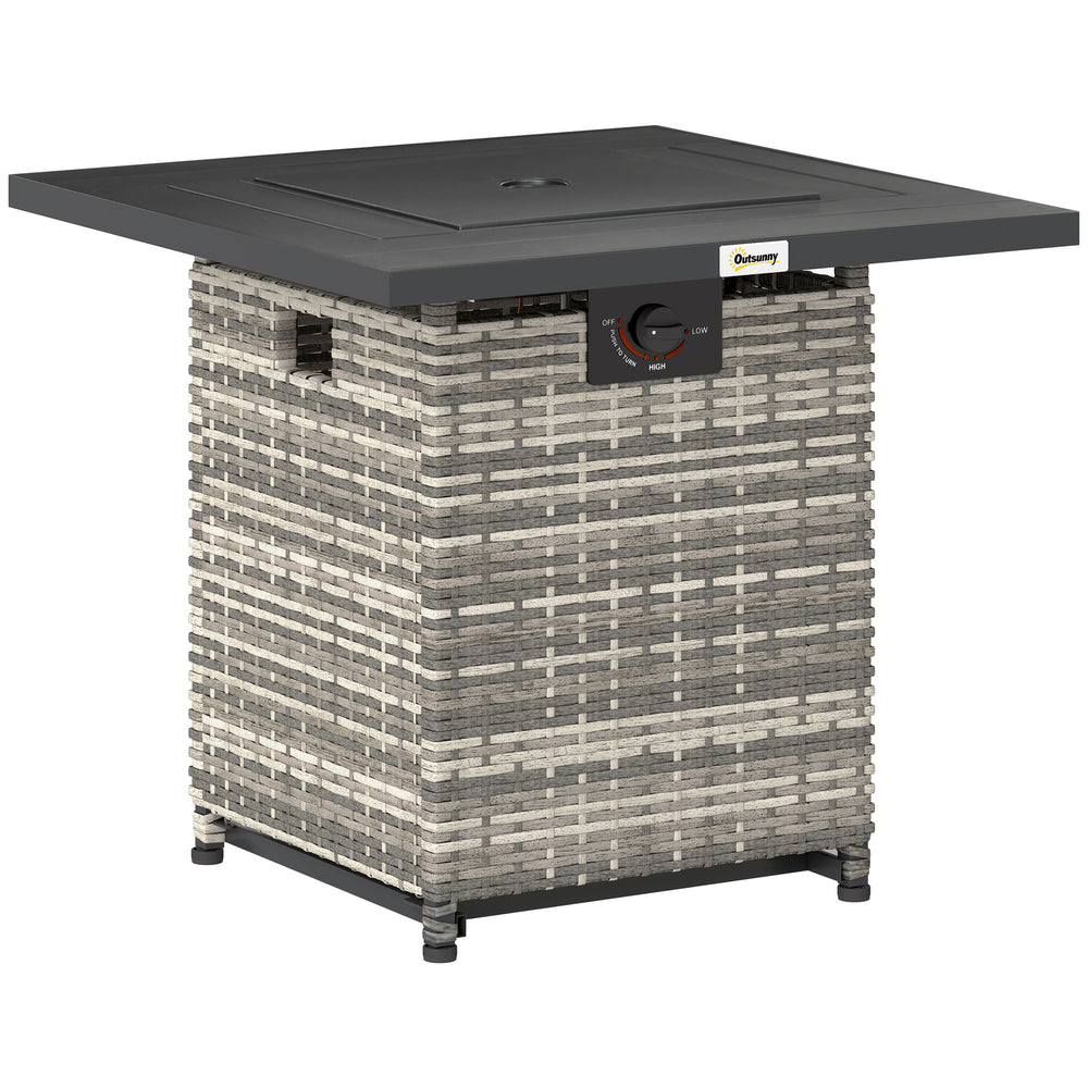 28" Propane Gas Fire Pit Table with 40,000 BTU Rattan Rain Cover, Mesh Lid, Lava Rock, Grey Blend