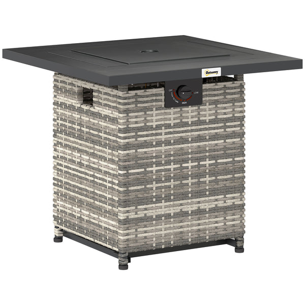 28" Propane Gas Fire Pit Table with 40,000 BTU Rattan Rain Cover, Mesh Lid, Lava Rock, Grey Blend