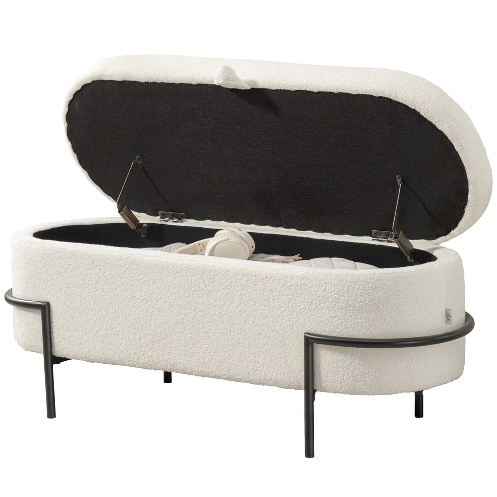 Storage ottoman with lift-up lid and steel legs, cream white