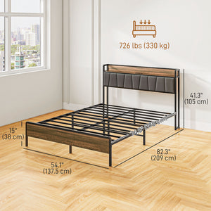 Double Bed Frame with Charging Station, Upholstered Headboard and Storage Shelf, Walnut