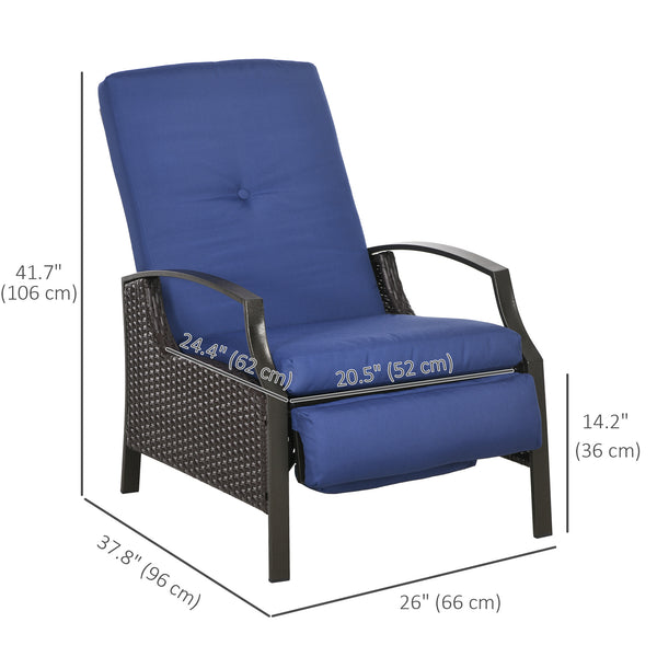 Outdoor Rattan Recliner Chair with Adjustable Backrest and Retractable Footrest, Dark Blue