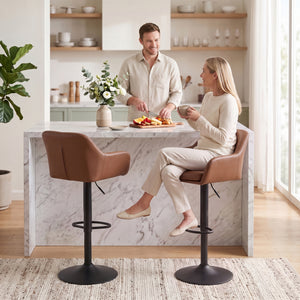 Faux Leather Bar Stools, Adjustable and Swivel, with Backrest, Set of 2, Brown