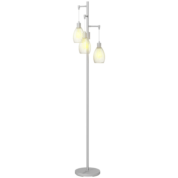 Industrial floor lamp with 3 hanging lampshades, silver